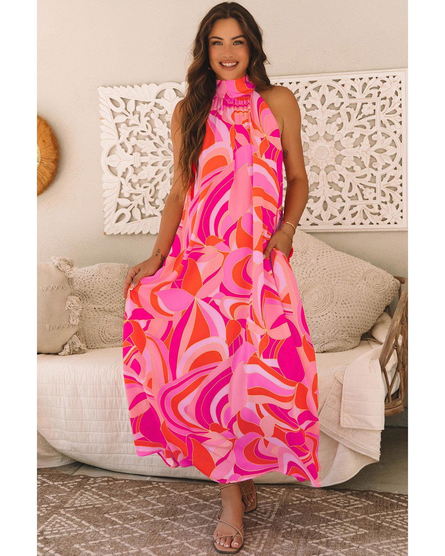 Rose Abstract Printed High Neck Knotted Nape Sleeveless Maxi Dress - L