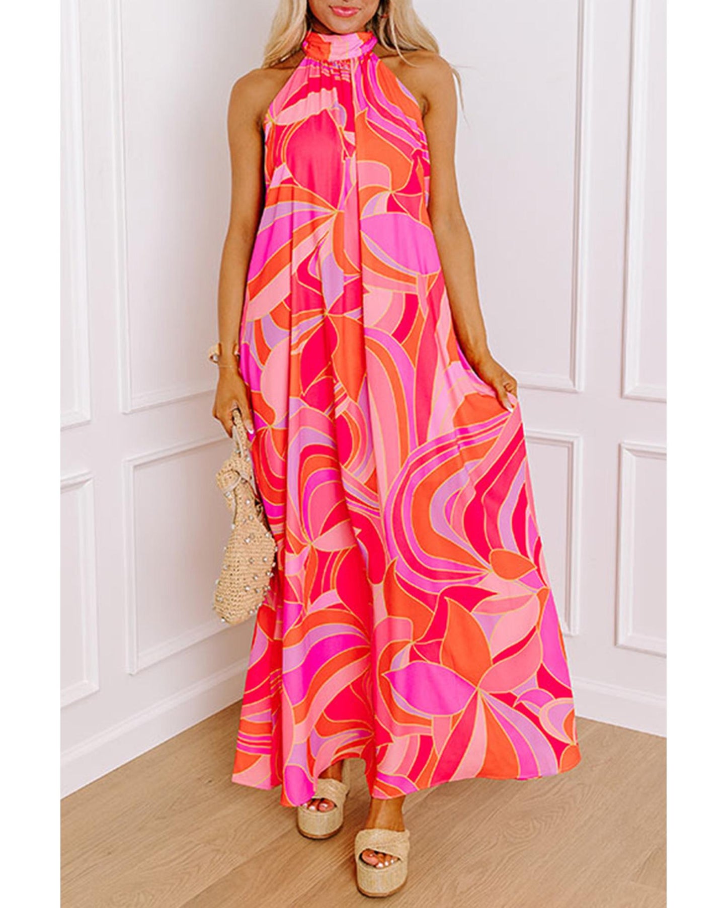 Rose Abstract Printed High Neck Knotted Nape Sleeveless Maxi Dress - L