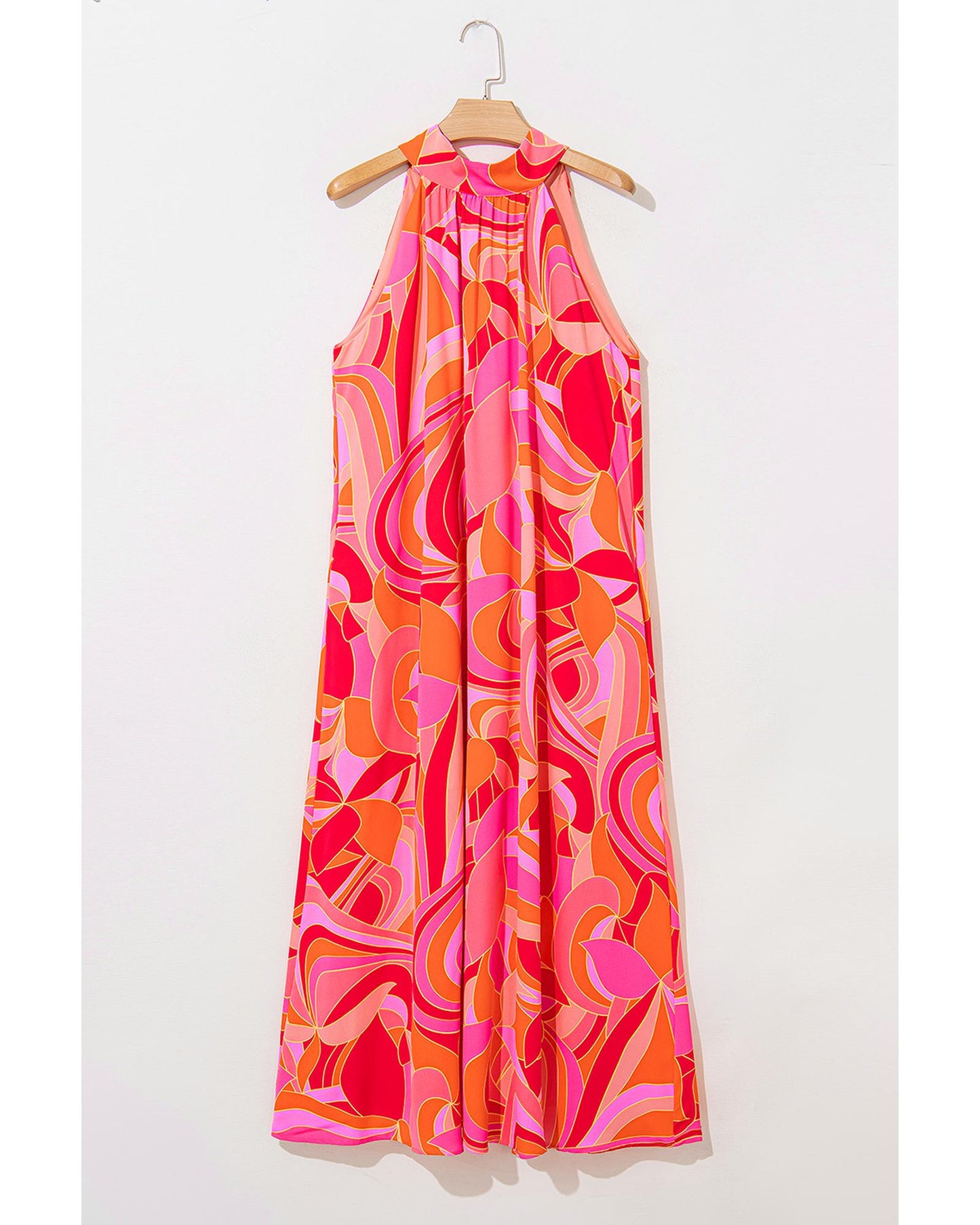 Rose Abstract Printed High Neck Knotted Nape Sleeveless Maxi Dress - L