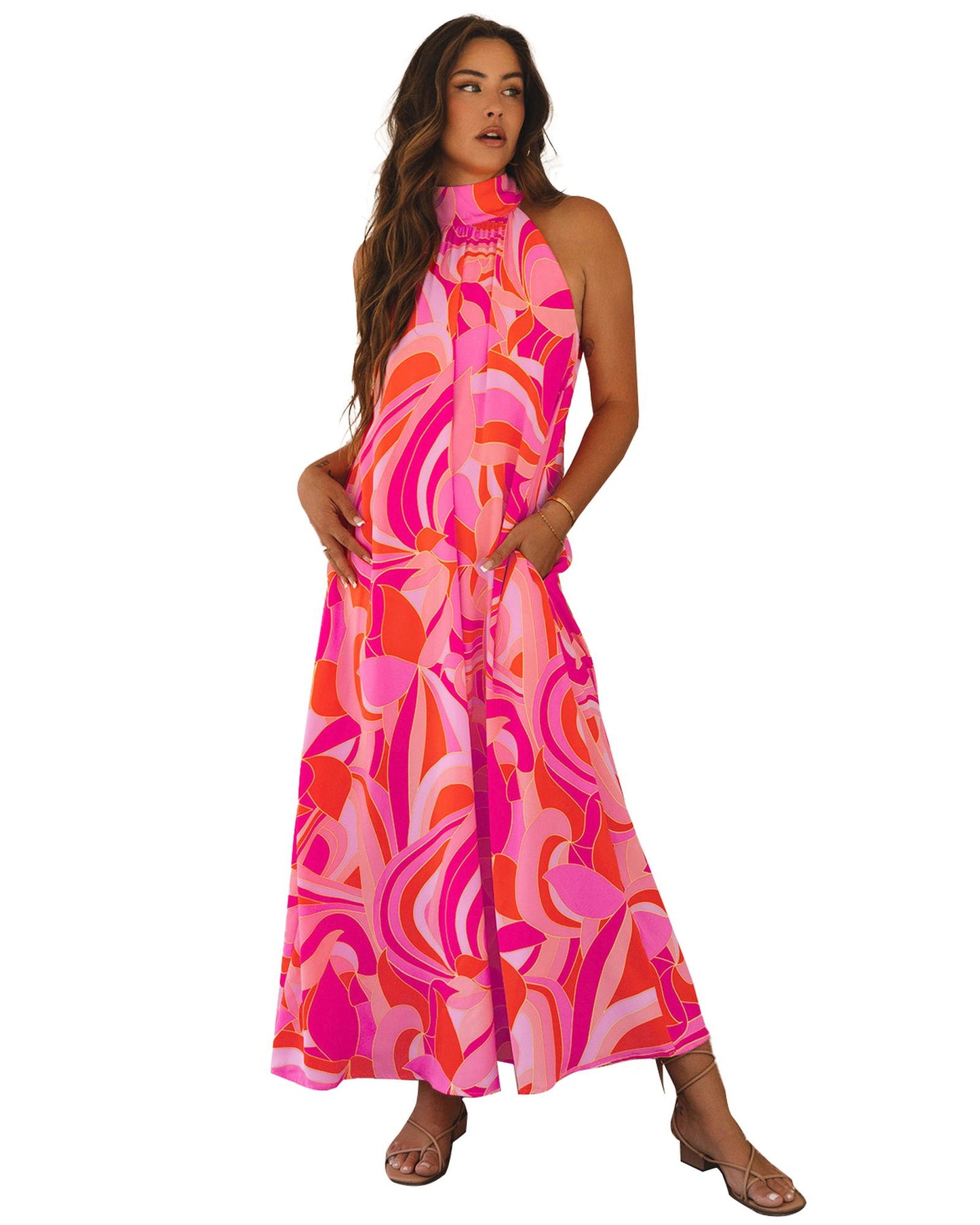 Rose Abstract Printed High Neck Knotted Nape Sleeveless Maxi Dress - L