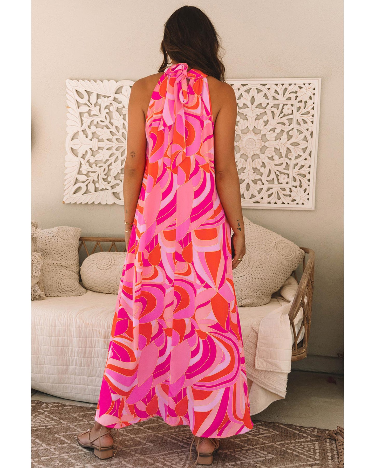 Rose Abstract Printed High Neck Knotted Nape Sleeveless Maxi Dress - L