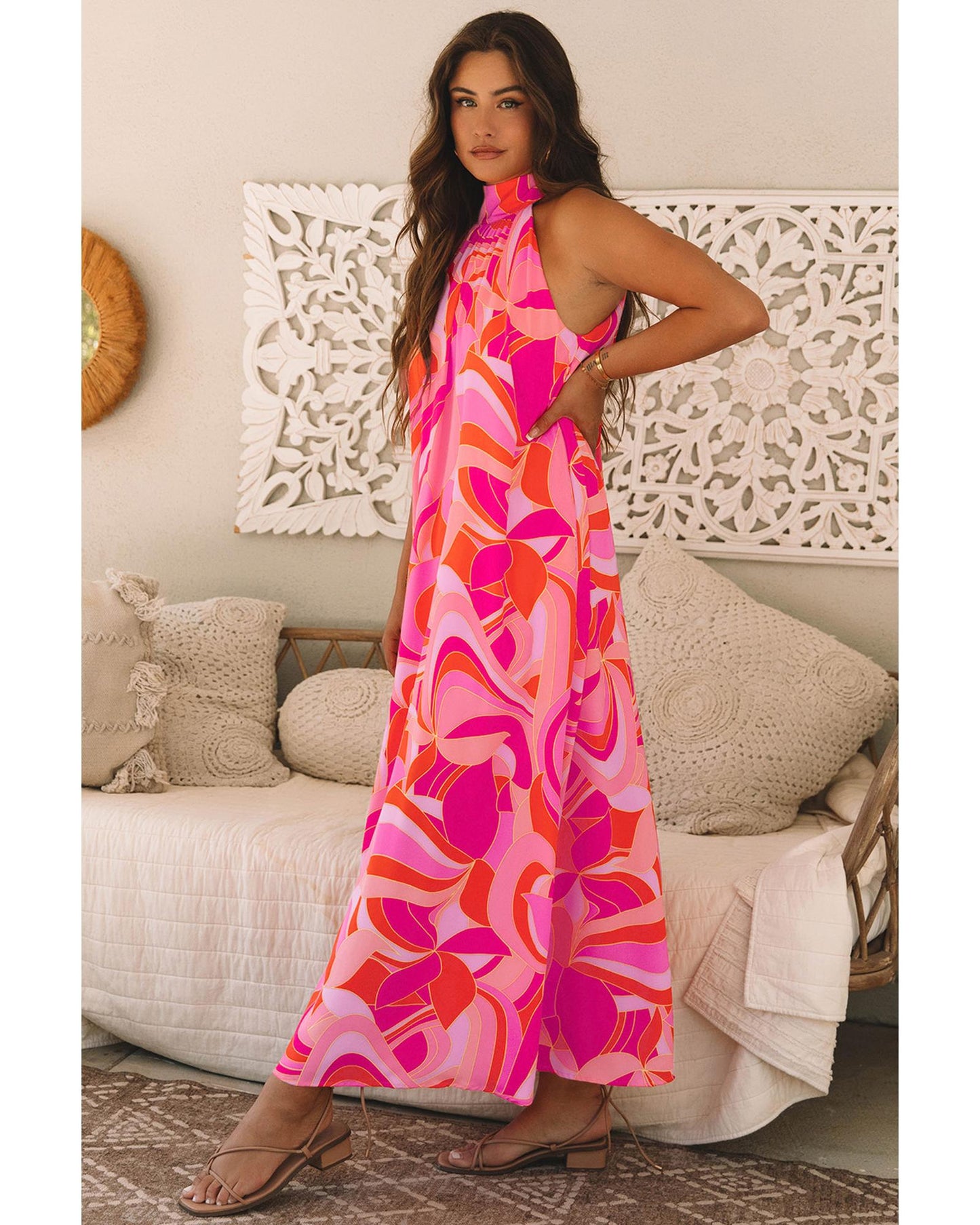 Rose Abstract Printed High Neck Knotted Nape Sleeveless Maxi Dress - L
