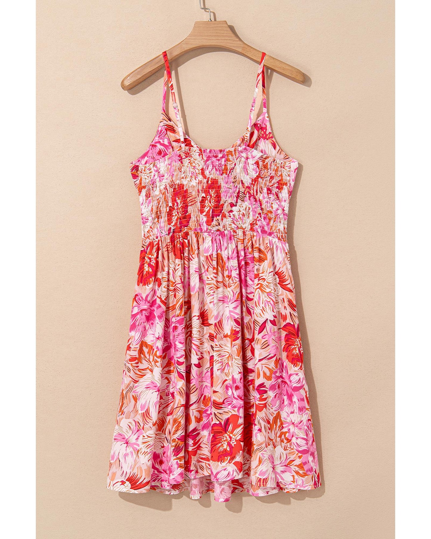 Red Floral Spaghetti Strap Surplice Neck Shirred Waist Mini Dress - M