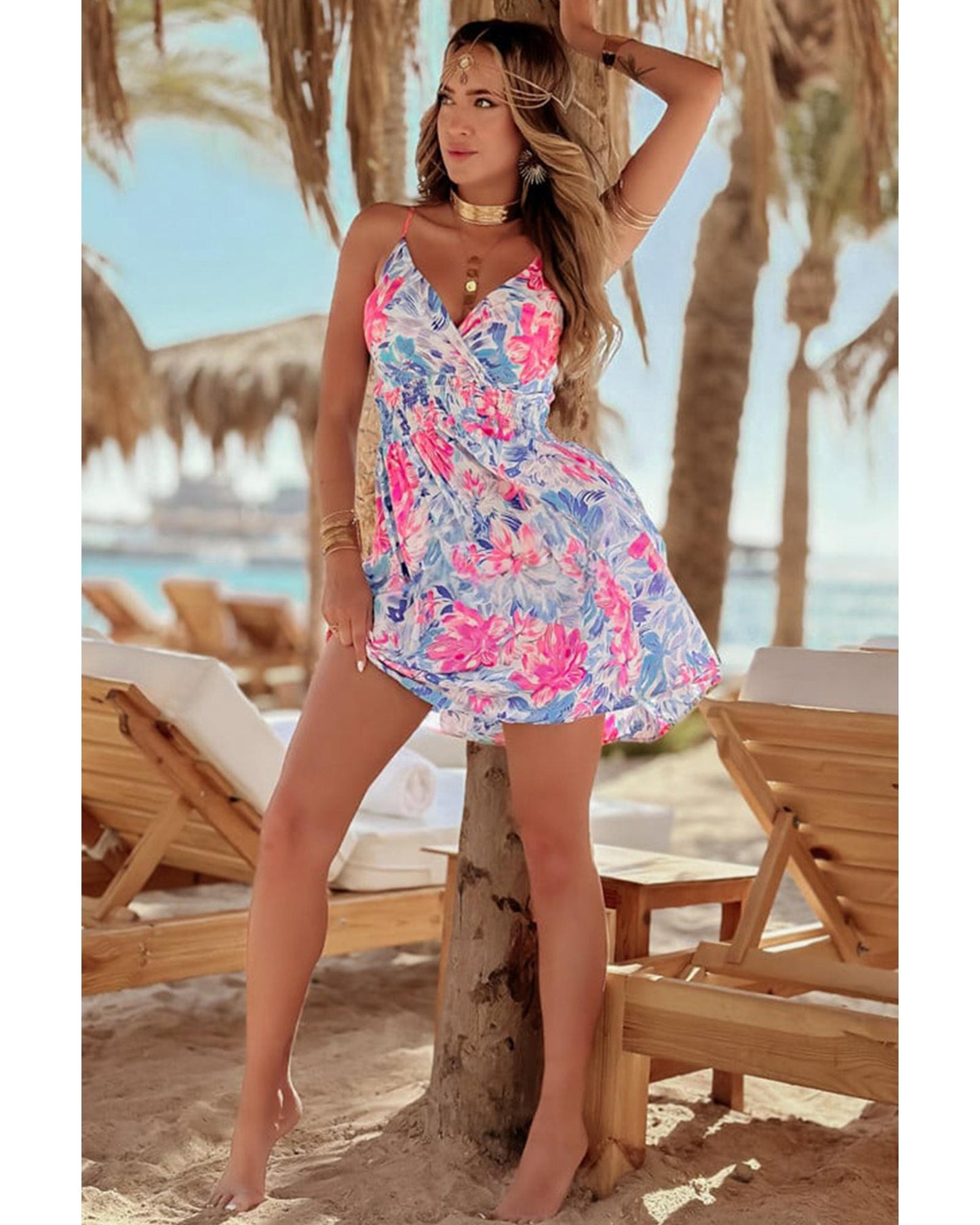 Sky Blue Floral Spaghetti Strap Surplice Neck Shirred Waist Mini Dress - L