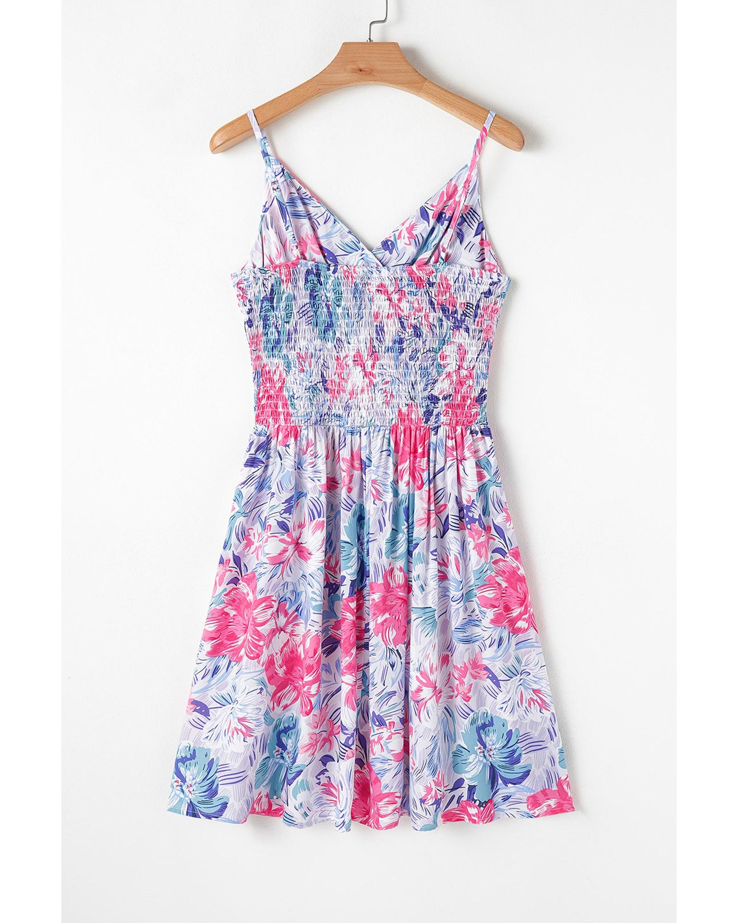 Sky Blue Floral Spaghetti Strap Surplice Neck Shirred Waist Mini Dress - L