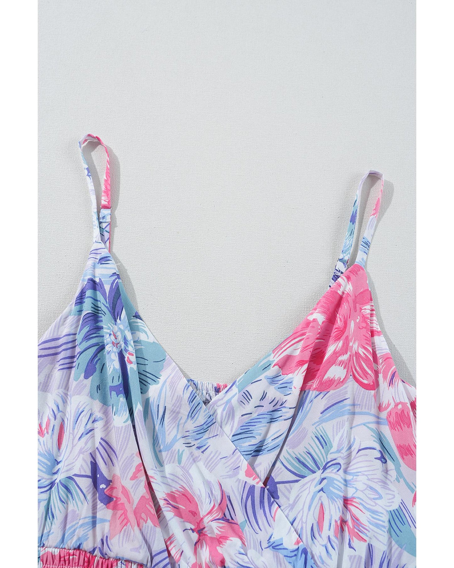 Sky Blue Floral Spaghetti Strap Surplice Neck Shirred Waist Mini Dress - L