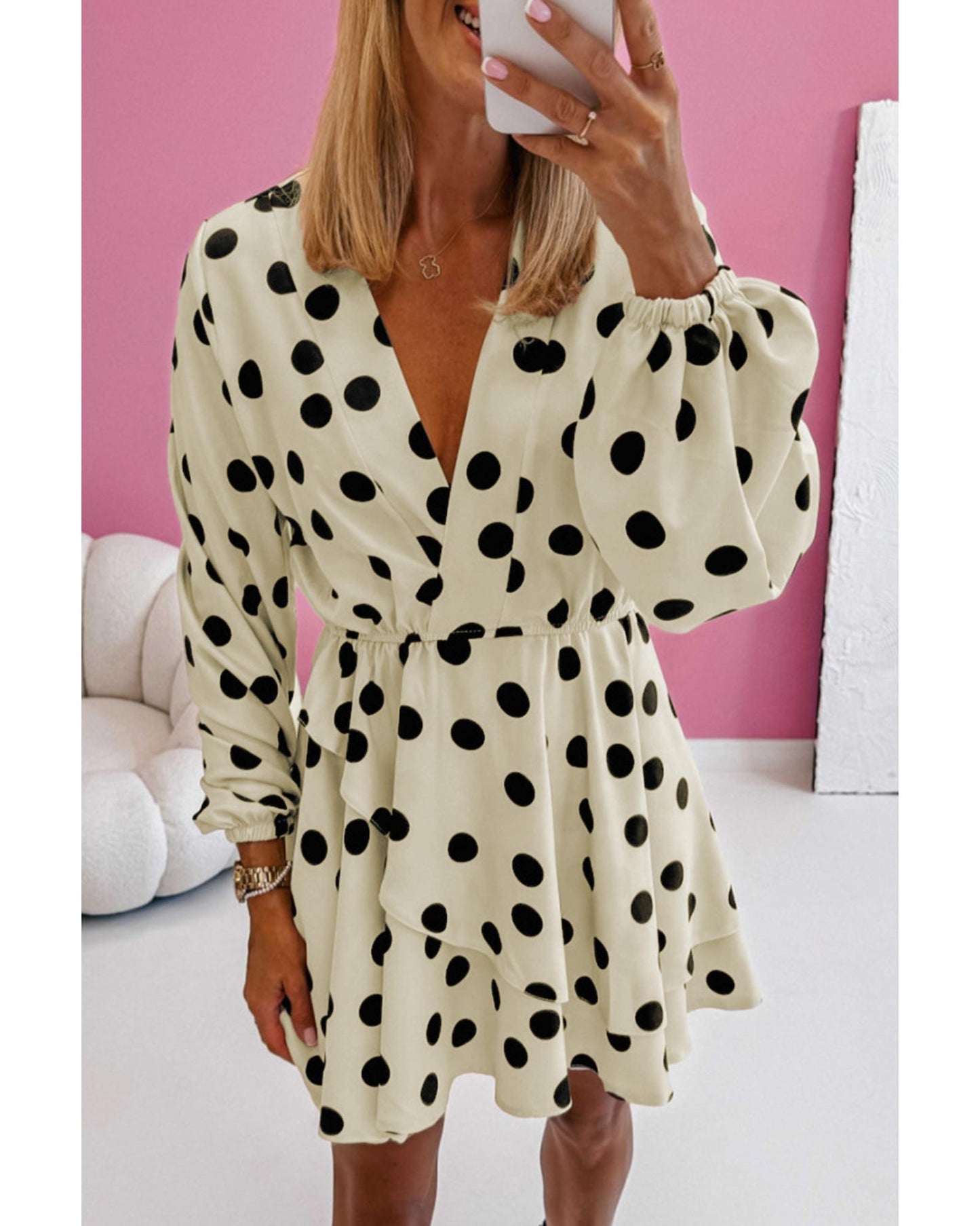 Beige Polka Dot Printed Surplice V Neck Puff Sleeve Mini Dress - S