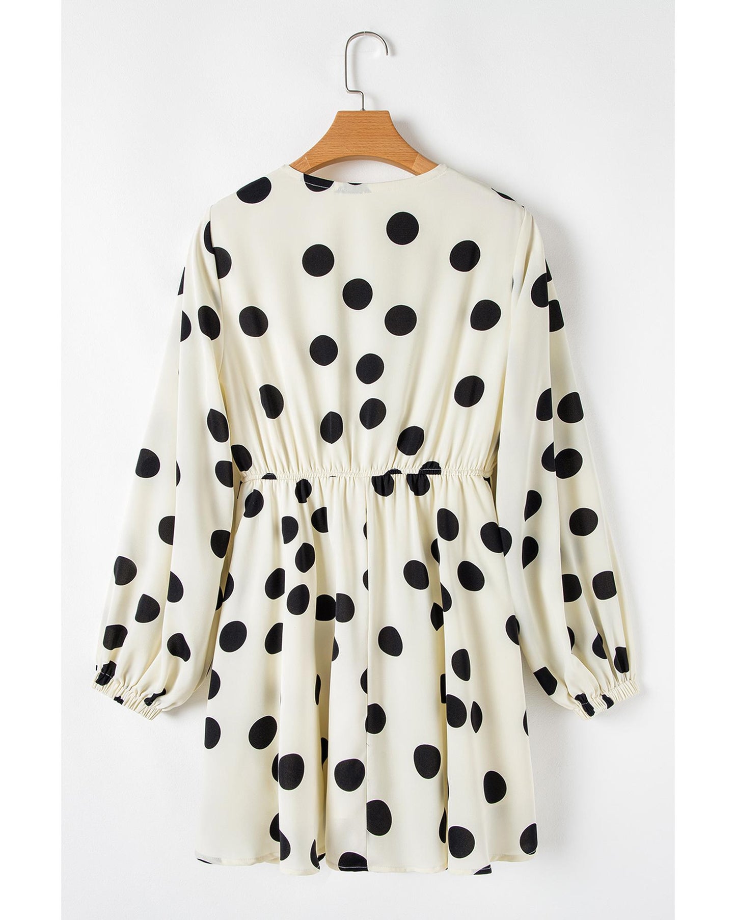Beige Polka Dot Printed Surplice V Neck Puff Sleeve Mini Dress - S