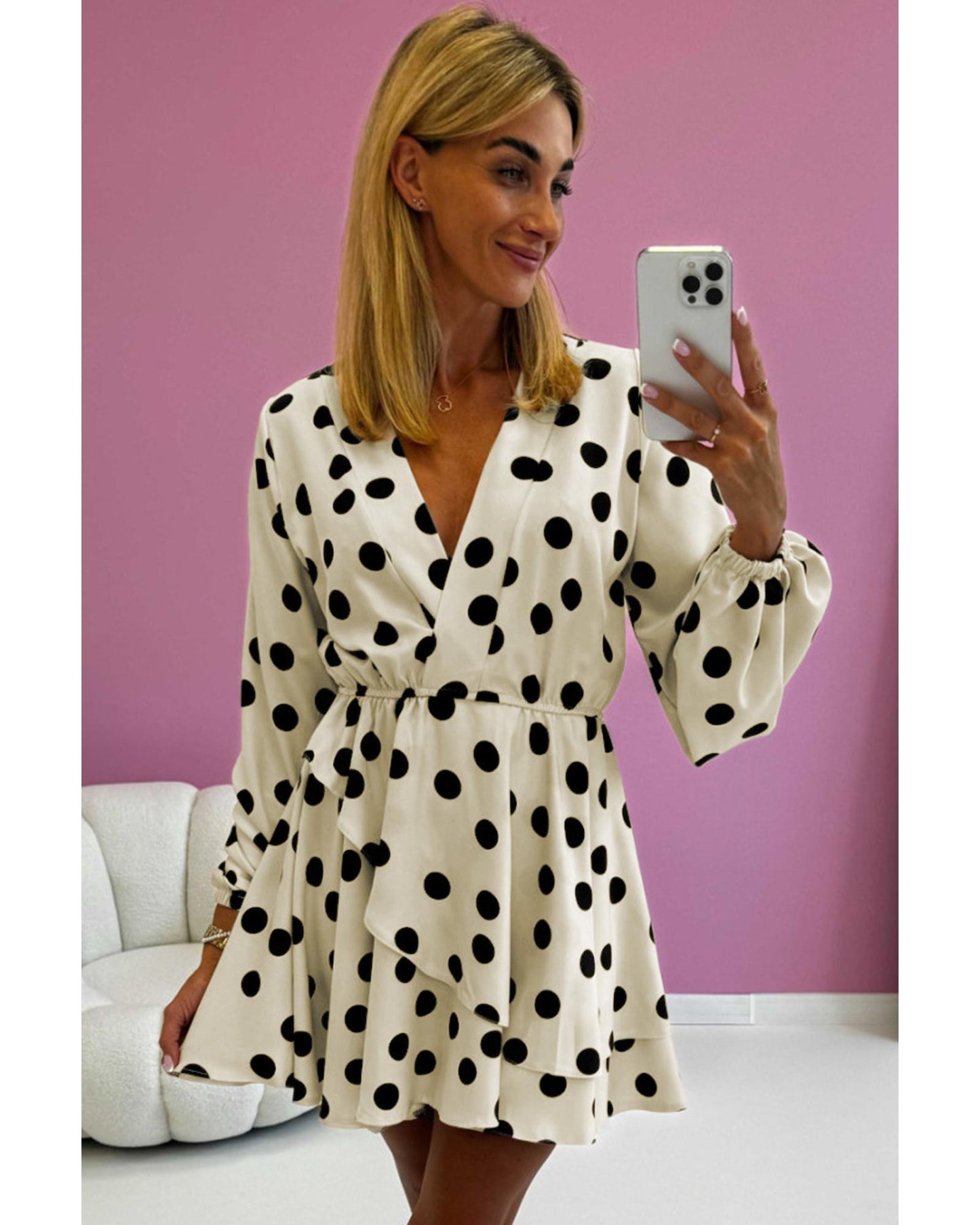 Beige Polka Dot Printed Surplice V Neck Puff Sleeve Mini Dress - XL