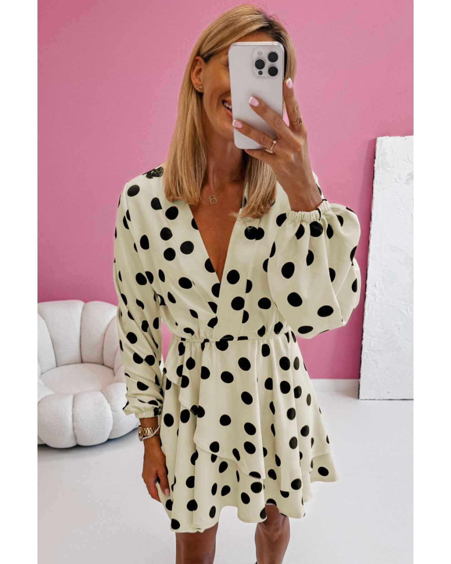 Beige Polka Dot Printed Surplice V Neck Puff Sleeve Mini Dress - XL