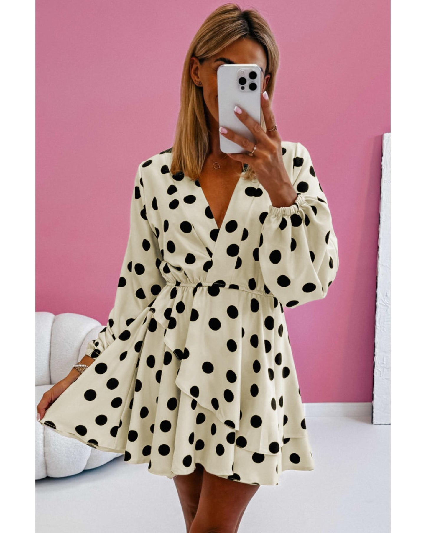 Beige Polka Dot Printed Surplice V Neck Puff Sleeve Mini Dress - XL