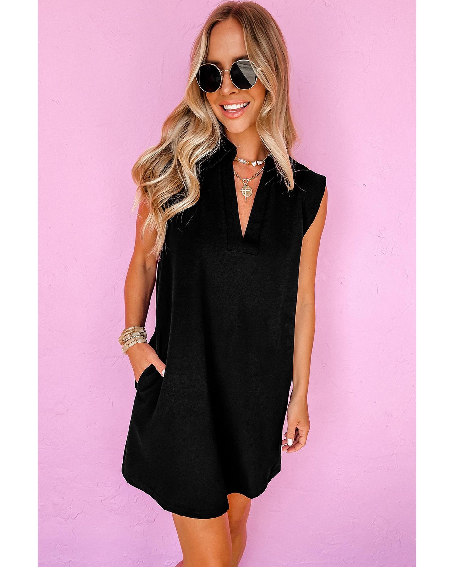 Black Solid Color Collared Slit Neck Sleeveless Mini Dress - XL