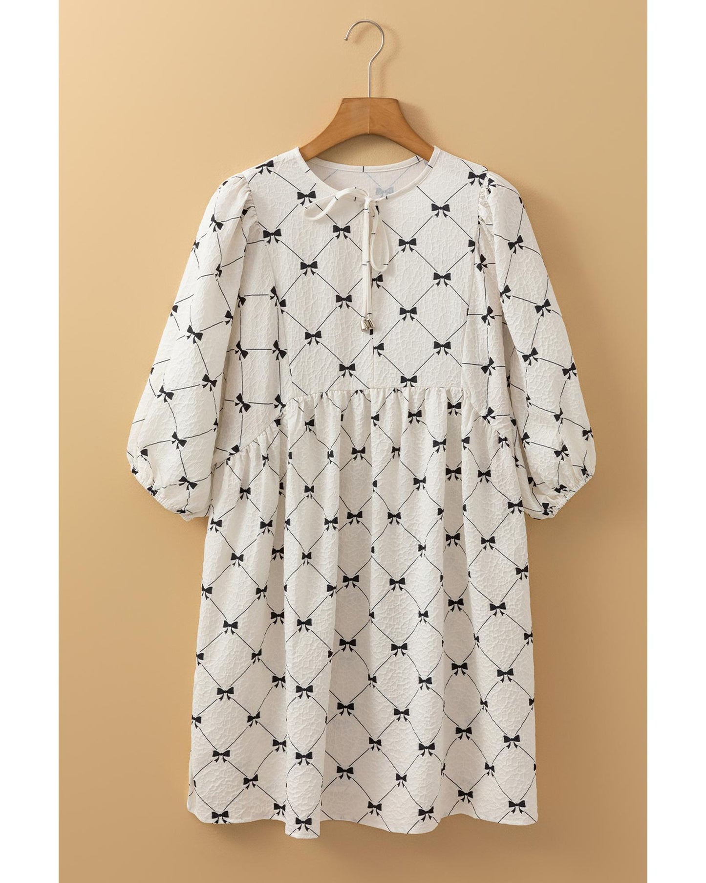 White Bowtie Pattern Textured Puff Half Sleeve Loose Mini Dress - S