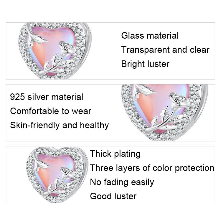 925 Sterling Silver Pink Glass Rose Bracelet Bead