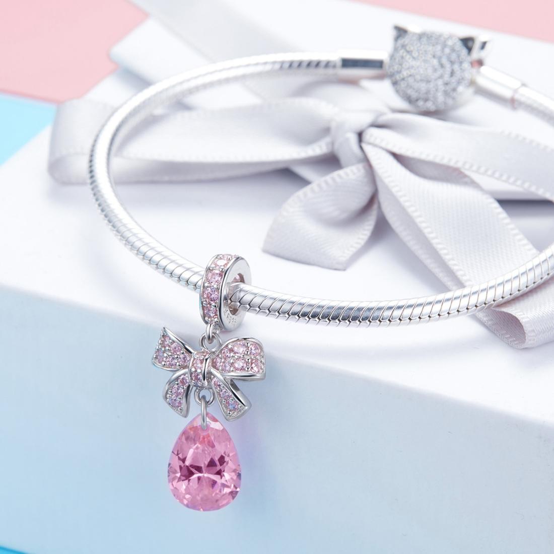 925 Sterling Silver Diy Pink Zircon Pendant With Bow