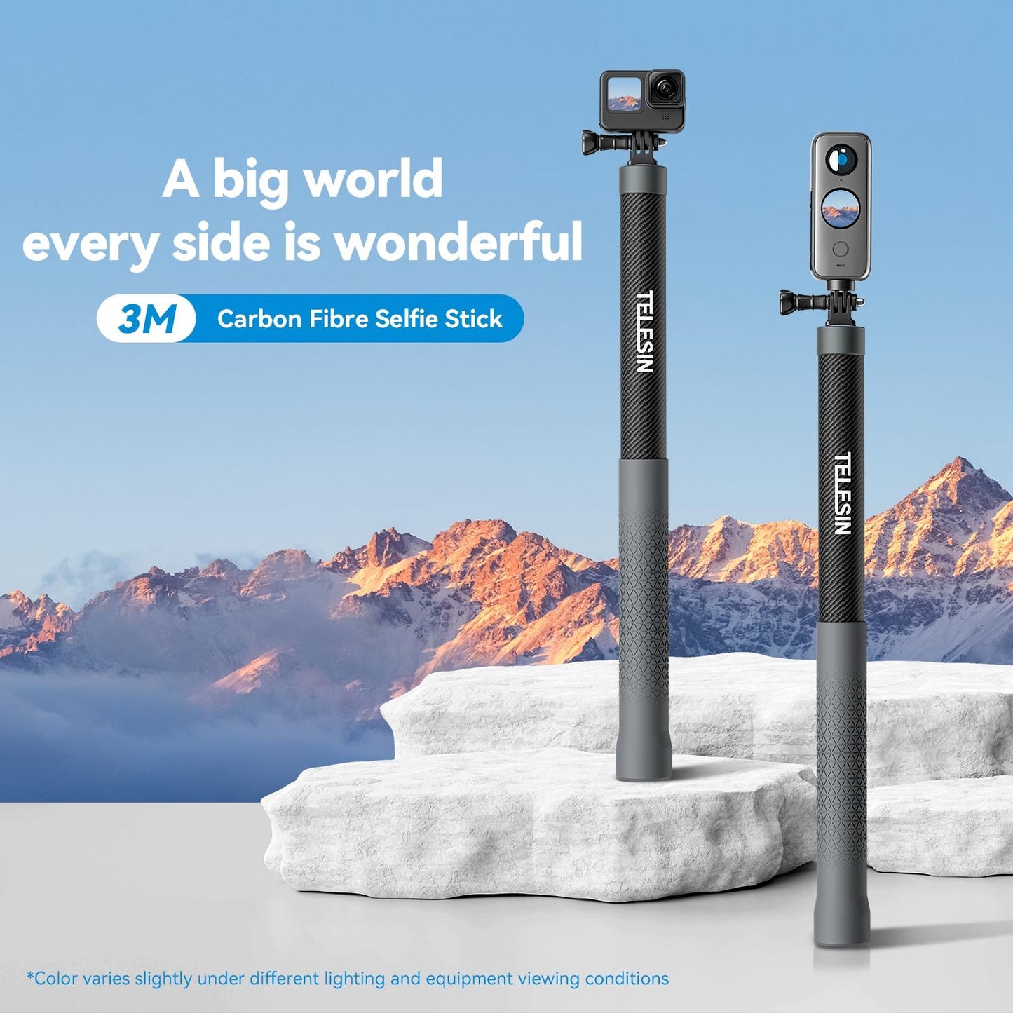 3m Carbon Fiber Selfie Stick Monopod for Action Cameras - 1 / 4 Screw
