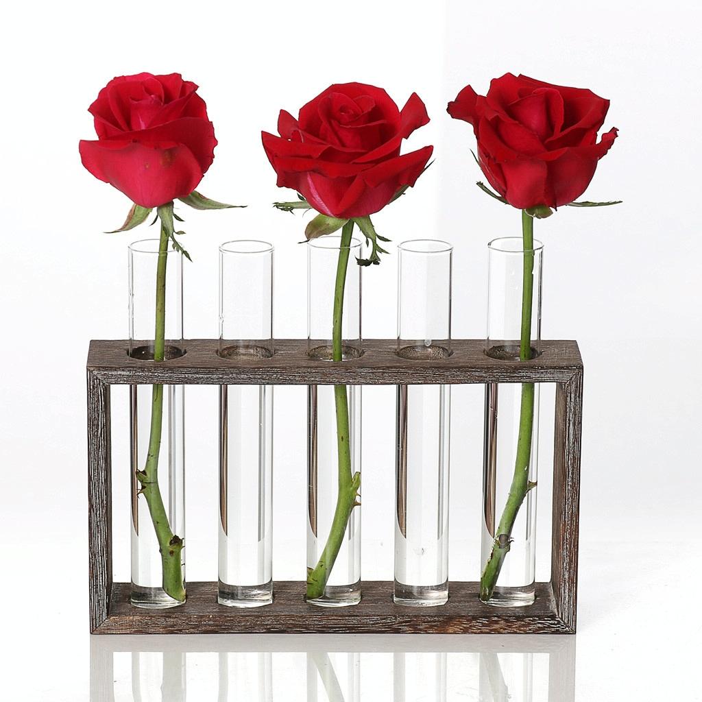 Minimalist Hydroponic Glass Vase With Wooden Frame For Coffee Shop Decor