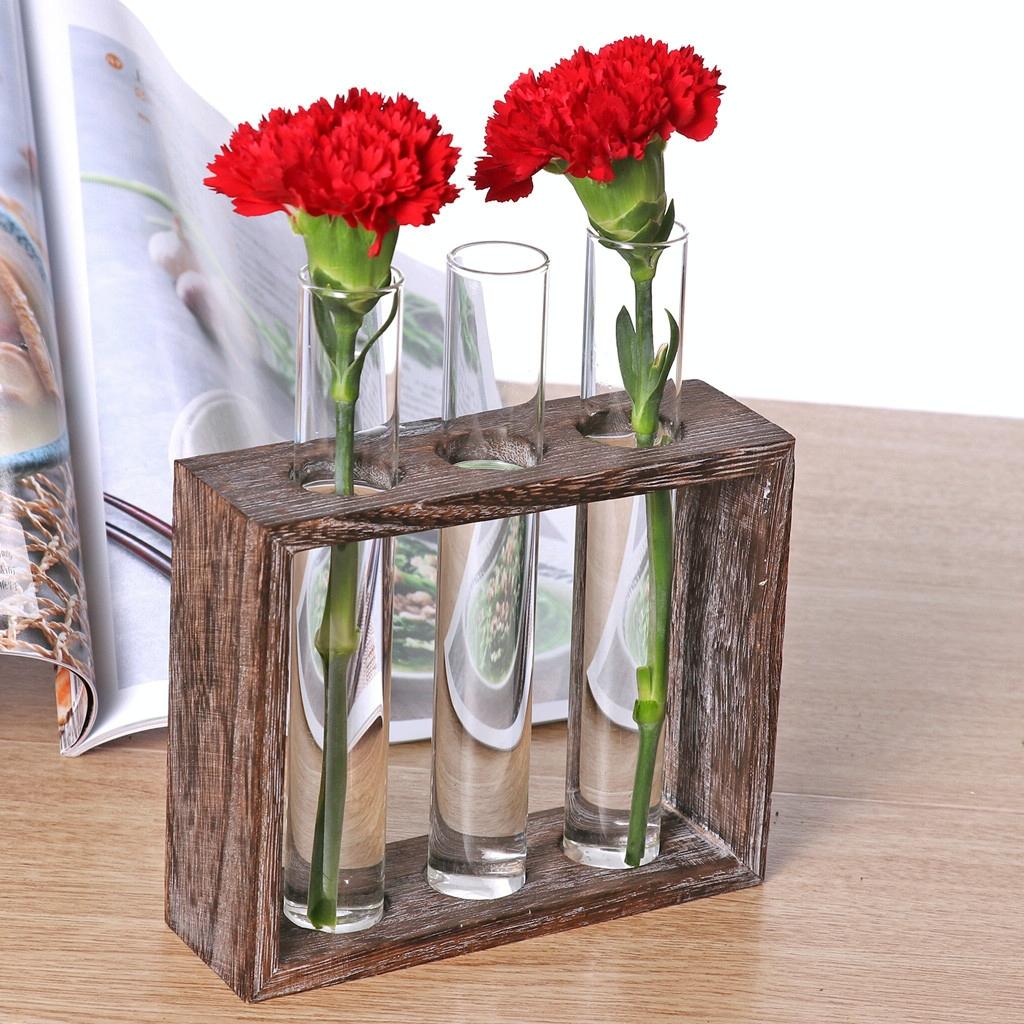 Minimalist Hydroponic Glass Vase With Wooden Frame For Coffee Shop Decor