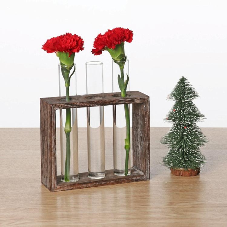 Minimalist Hydroponic Glass Vase With Wooden Frame For Coffee Shop Decor