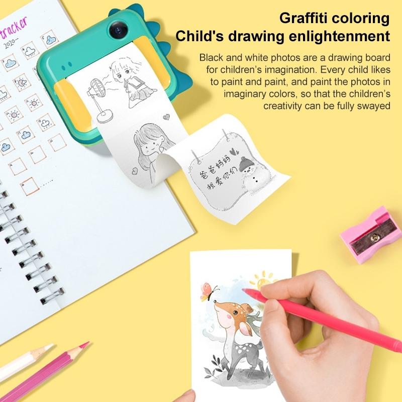 Instant Camera for Kids with Dual-lens Mini Print Green Dinosaur Design - Green Dinosaur No Card