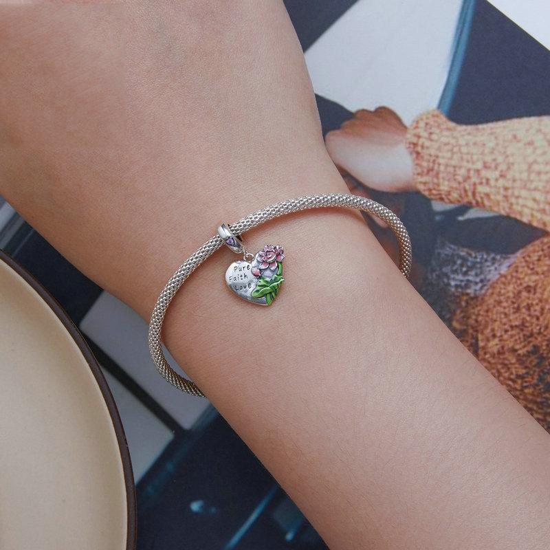 925 Sterling Silver Lotus Flower Love Zirconia Bracelet Charm