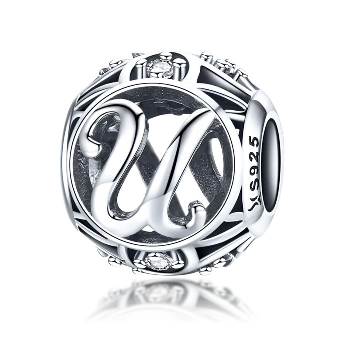 925 Sterling Silver Personalized Letter Beads For Diy Bracelets & Necklaces Style - U