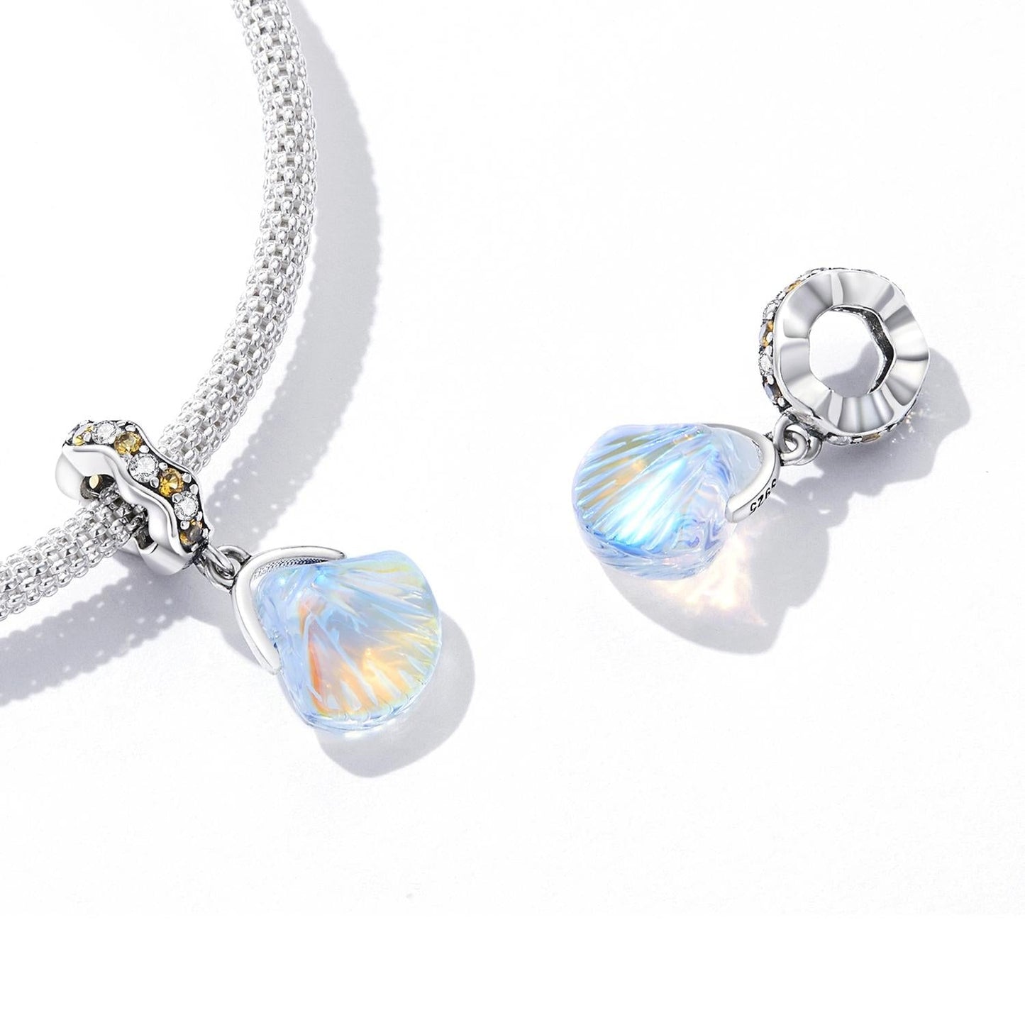 925 Sterling Silver Iridescent Shell Pendant For Diy Bracelet Or Necklace