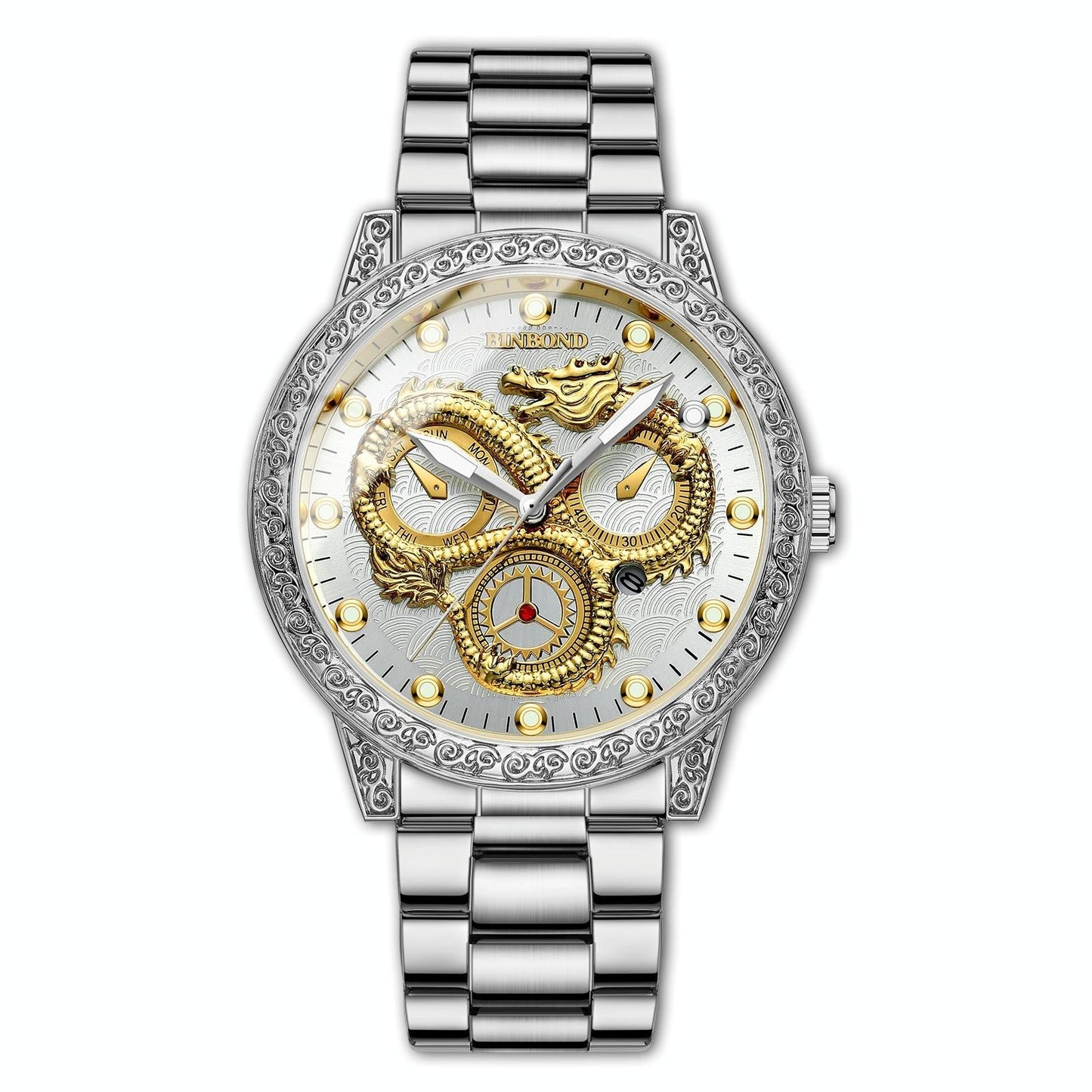 Dragon Embossed Luminous Waterproof Watch - Quartz - Full-Gold Black