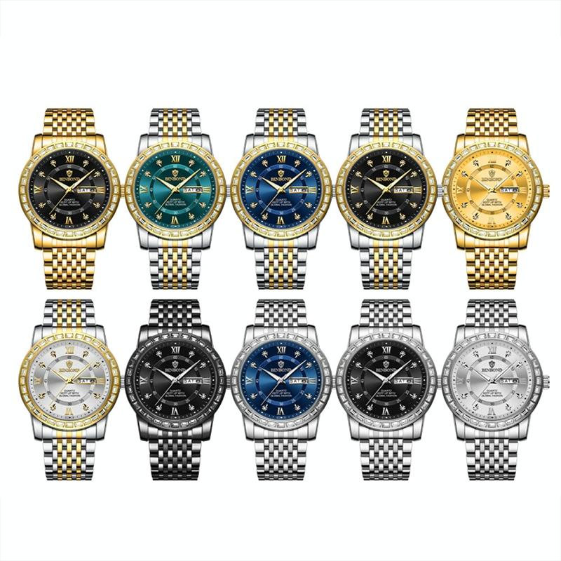 Diamond Dual-calendar Luminous Quartz Watch - B2202 - Inter-Gold-Green