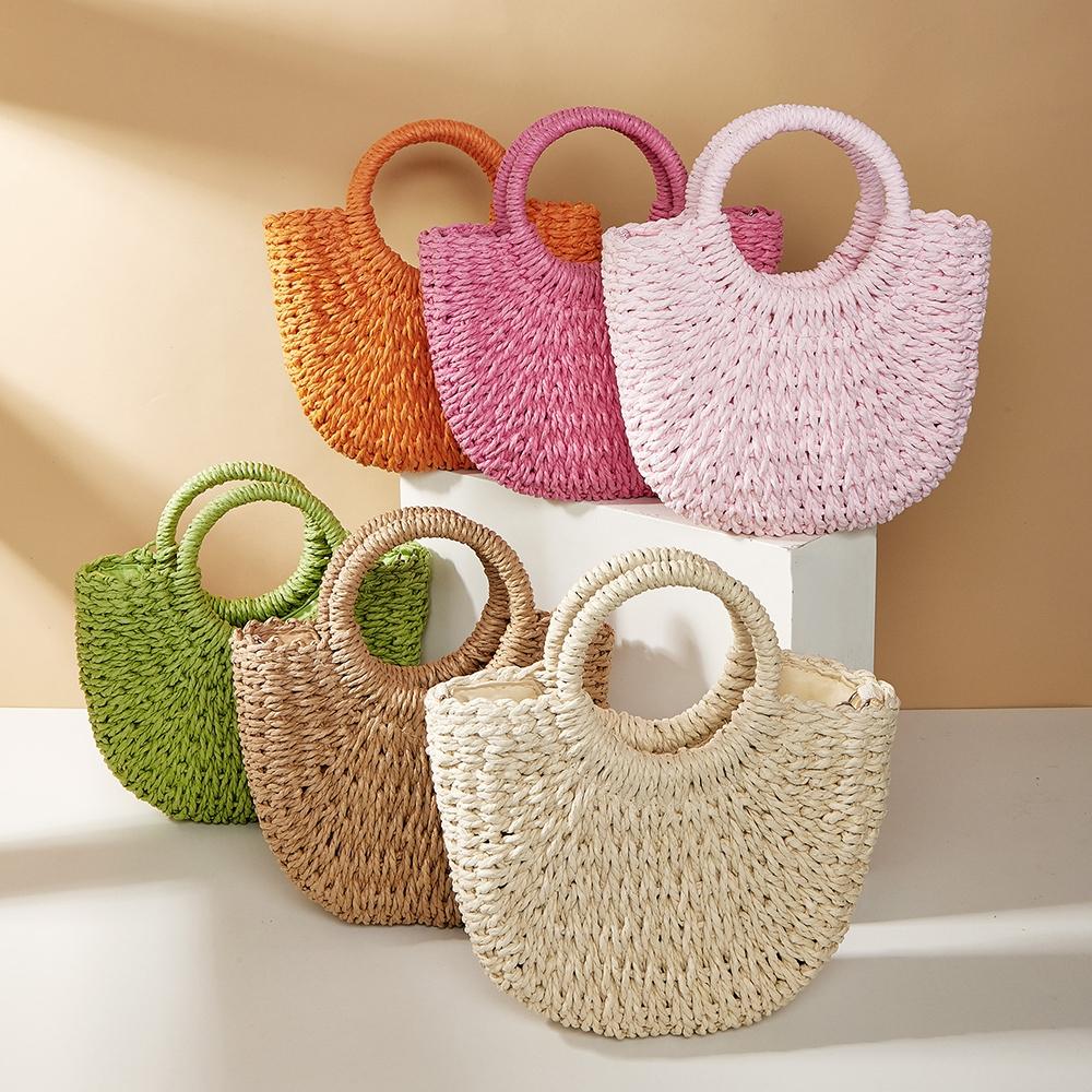 Beige Half Moon Straw Tote Woven Beach Bag - Rose Red