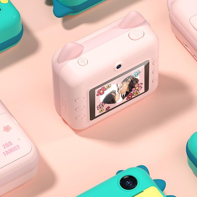 32gb Children Instant Camera with Dual-lens and Mini Print - Pink Cat - Green Dinosaur 32Gb