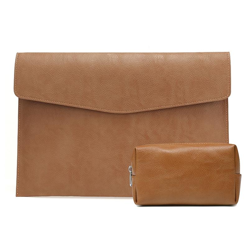14 Laptop Sleeve & Power Bag - Litchi Pattern Pu Leather - Light Brown