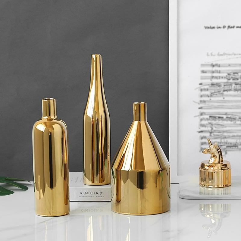 Gold Plated Ceramic Flower Vase - Desktop Decorative Three-Piece Set