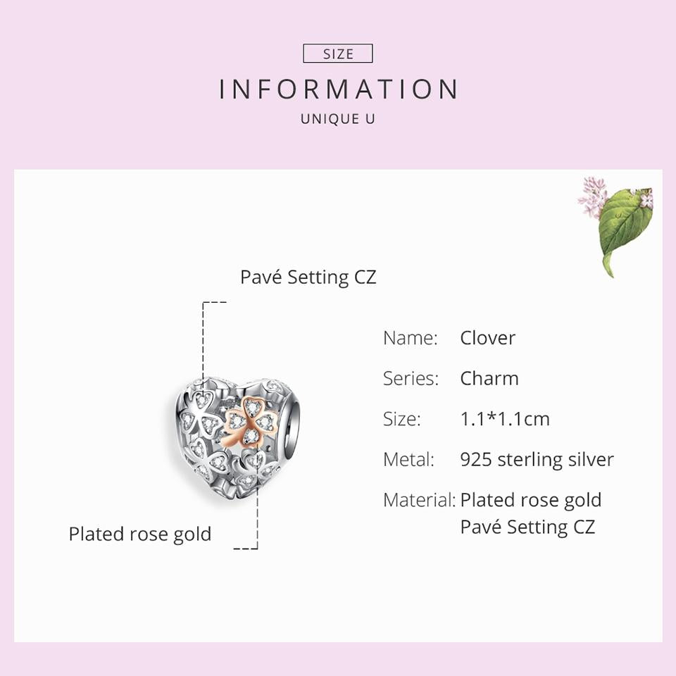 925 Sterling Silver Heart Beaded Clover Bracelet Charm