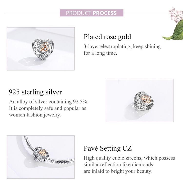 925 Sterling Silver Heart Beaded Clover Bracelet Charm
