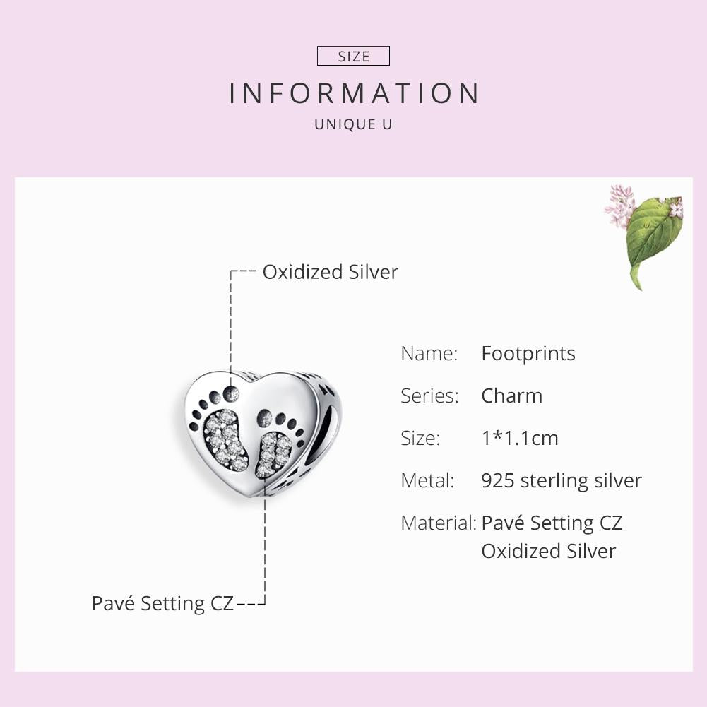 925 Sterling Silver Heart Footprint Beads For Diy Bracelets