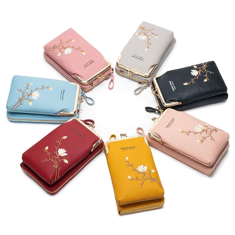 Black Embroidered Single Shoulder Phone Bag Wallet - Blue