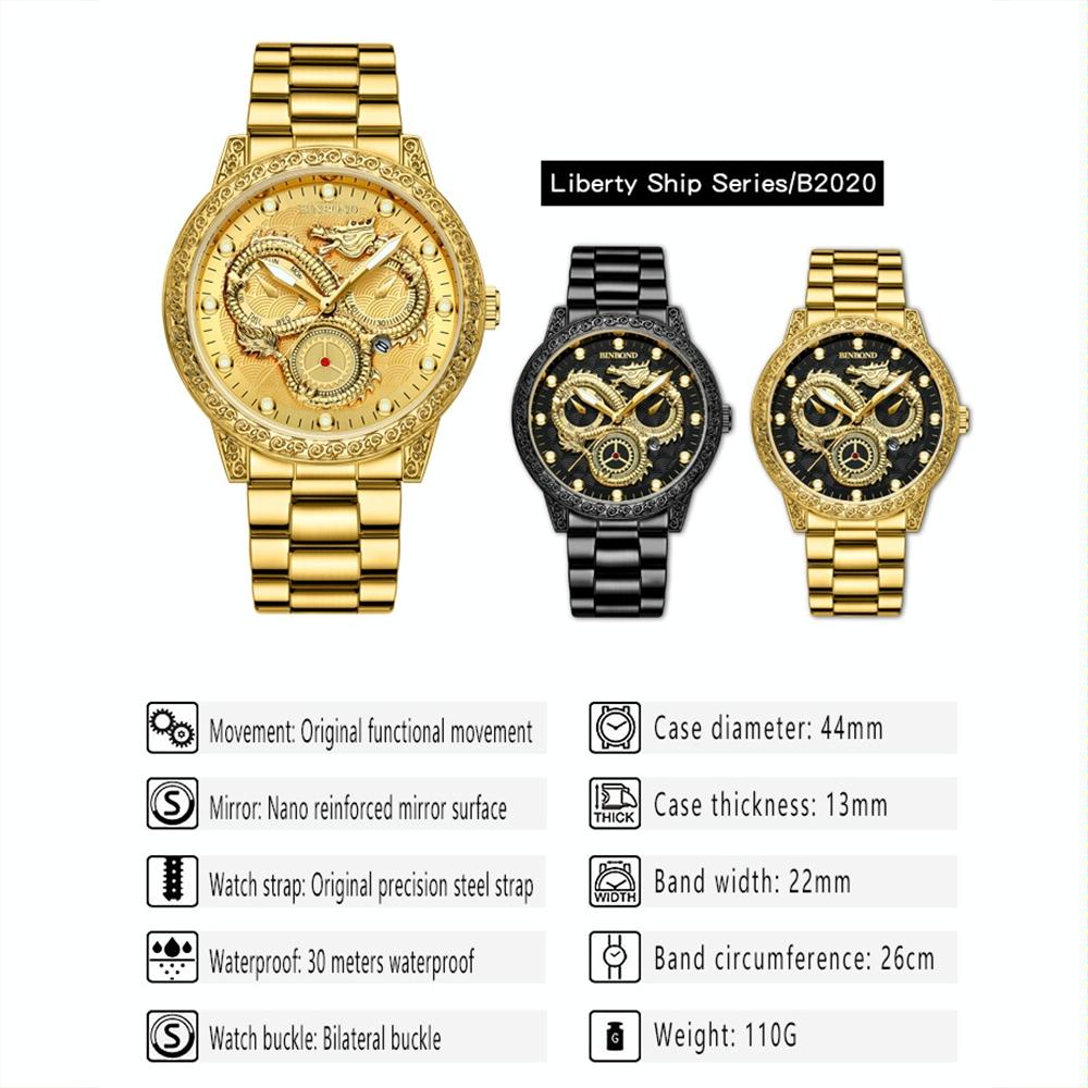 Dragon Embossed Luminous Waterproof Watch - Quartz - White Steel-Black