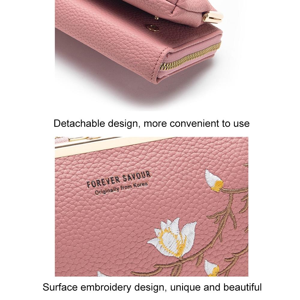Black Embroidered Crossbody Wallet With Large Capacity - Dark Pink