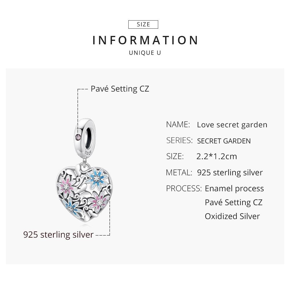 925 Sterling Silver Secret Garden Heart Pendant For Diy Bracelets & Necklaces