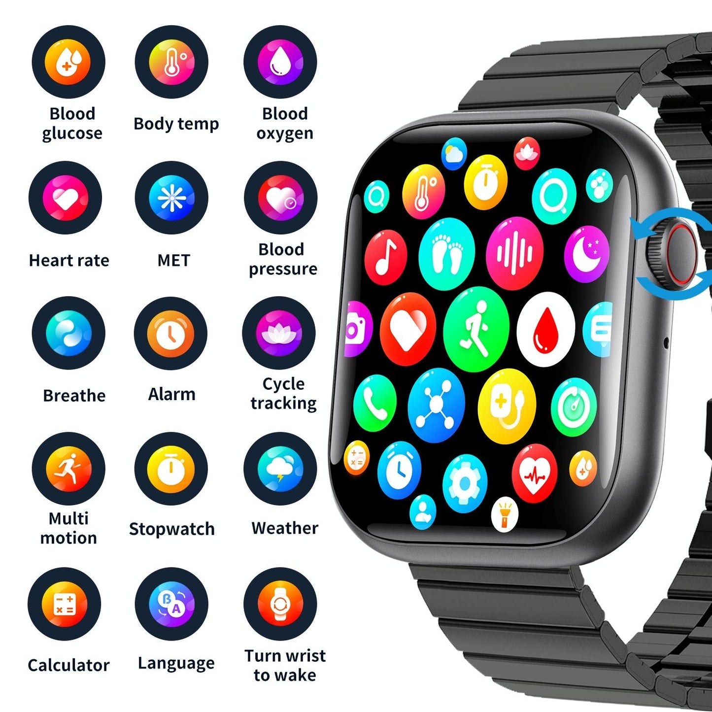 2.1 Inch Screen Smart Watch With Blood Sugar / Blood Oxygen Monitoring / Sos Alarm / 100+ Sports Modes - Black 3-Bead Steel - Black Bamboo