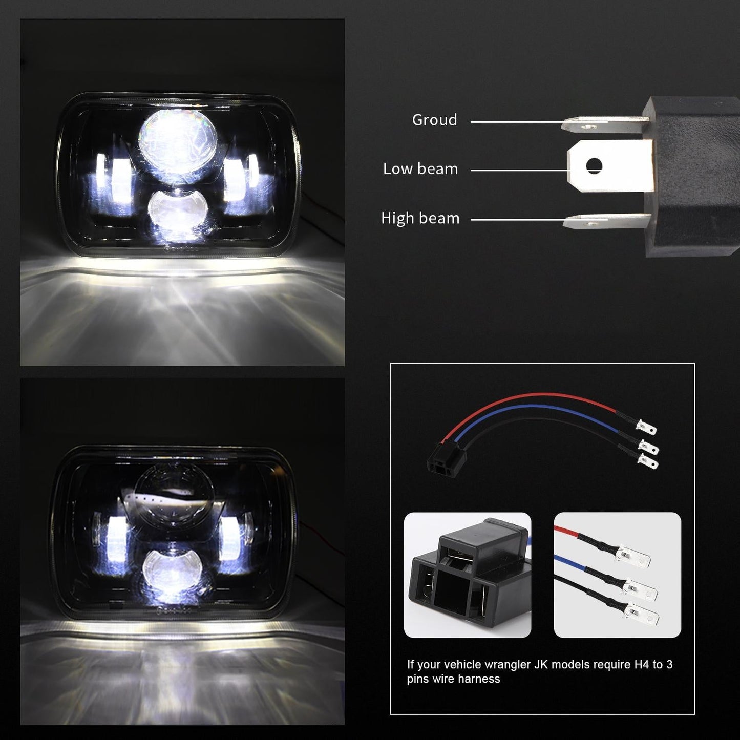 7 Inch 5X7 / 7X6 H4 Dc 9V - 30V 3500Lm 35W Car Square Shape Led Headlight Lamps For Jeep Wrangler