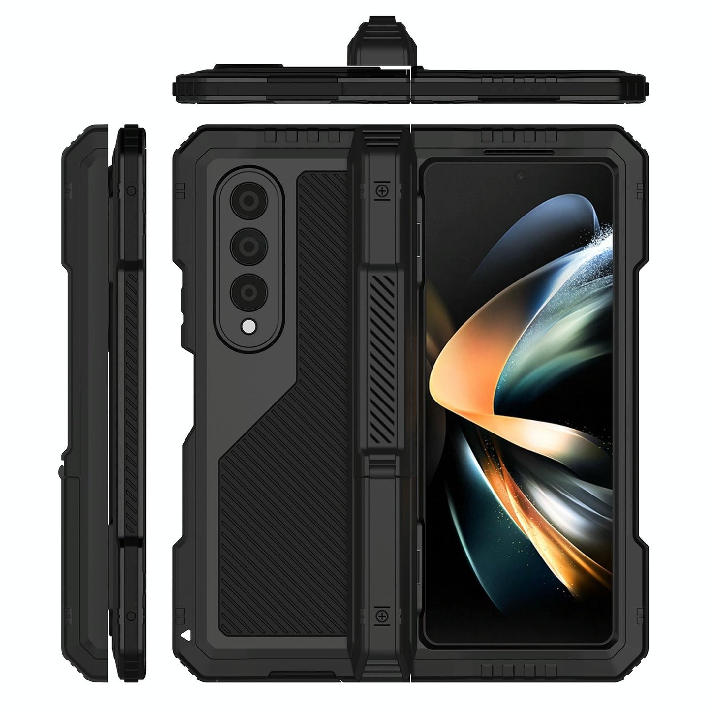 Waterproof Metal Phone Case with Folding Holder for Samsung Galaxy z Fold 4 - Black