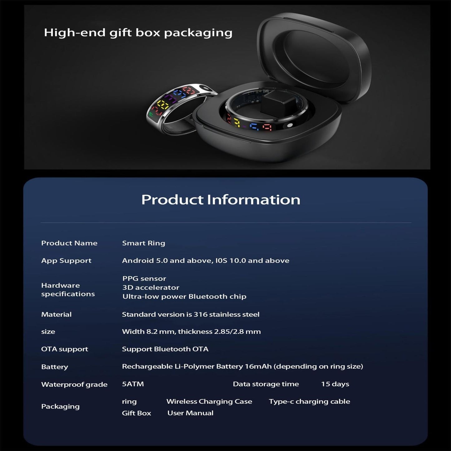 Smart Ring Heart Rate Blood Oxygen Sleep Sports Size 10 - Black