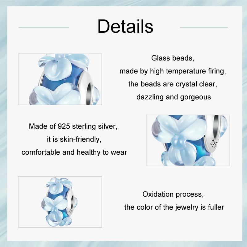 925 Sterling Silver Blue Flower Glass Bead Diy Jewelry