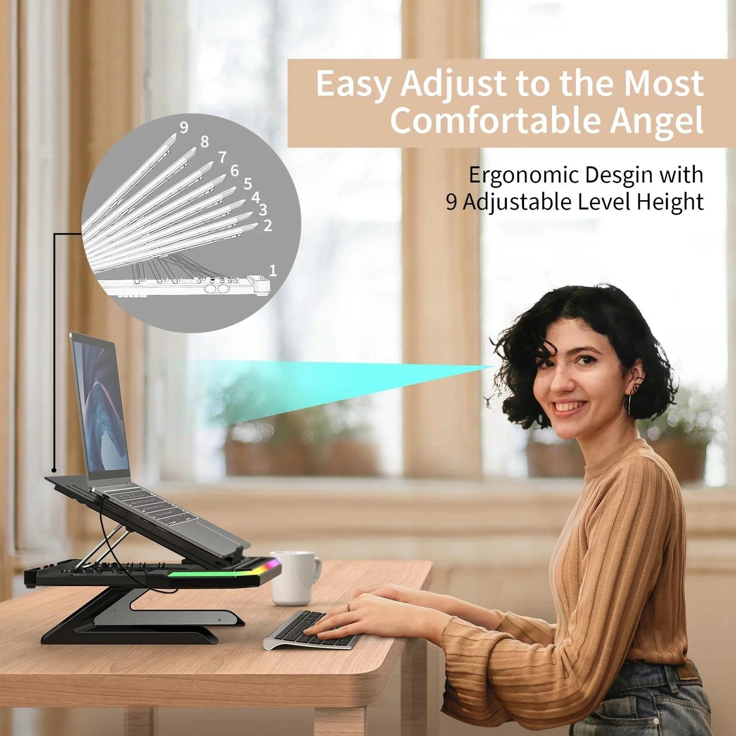 Adjustable Laptop Stand with 9 Levels of Lighting - Black