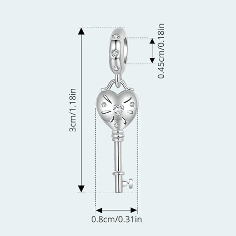 925 Sterling Silver Platinum Plated Heart Key Beaded Pendant