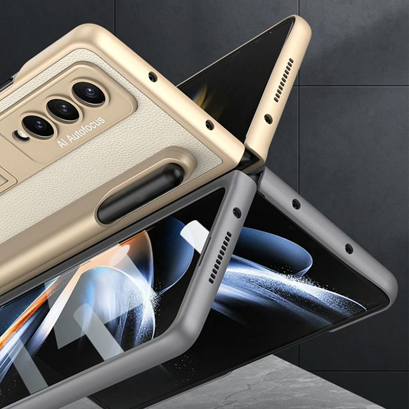 Leather Case with Holder & Pen Slots for Samsung Galaxy z Fold 4 - Thin & Shockproof - Grey