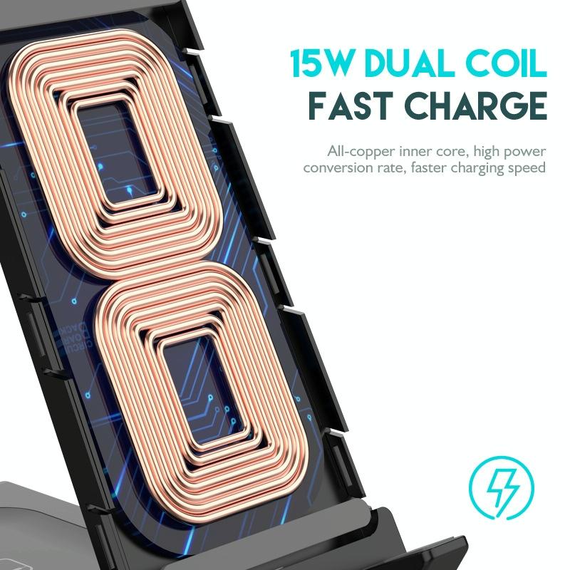 6 In 1 Wireless Charging Stand With Usb C Port & 8 Pin Cable - Black