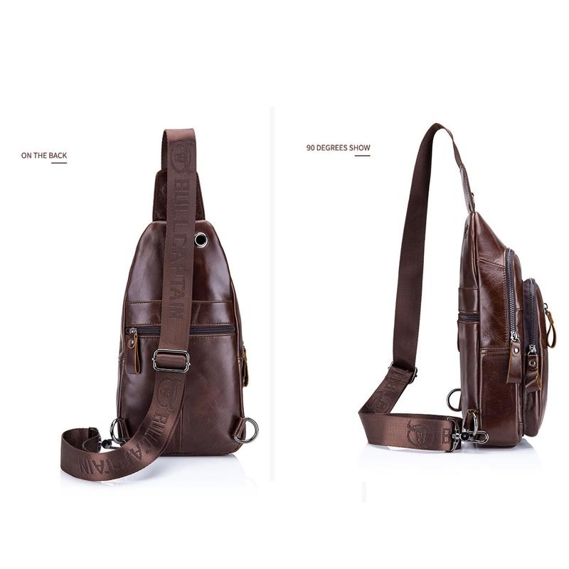 Men Leather Crossbody Chest Bag Multi Function - Black